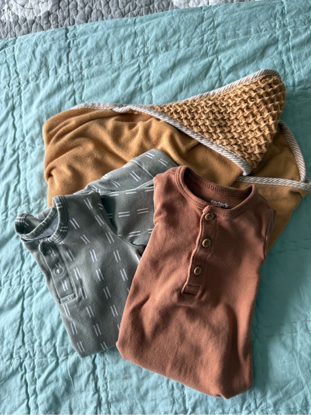 3 pc Baby Bundle: Mebie Olive Sleep-sack, Carters Sleeper & matching baby towel